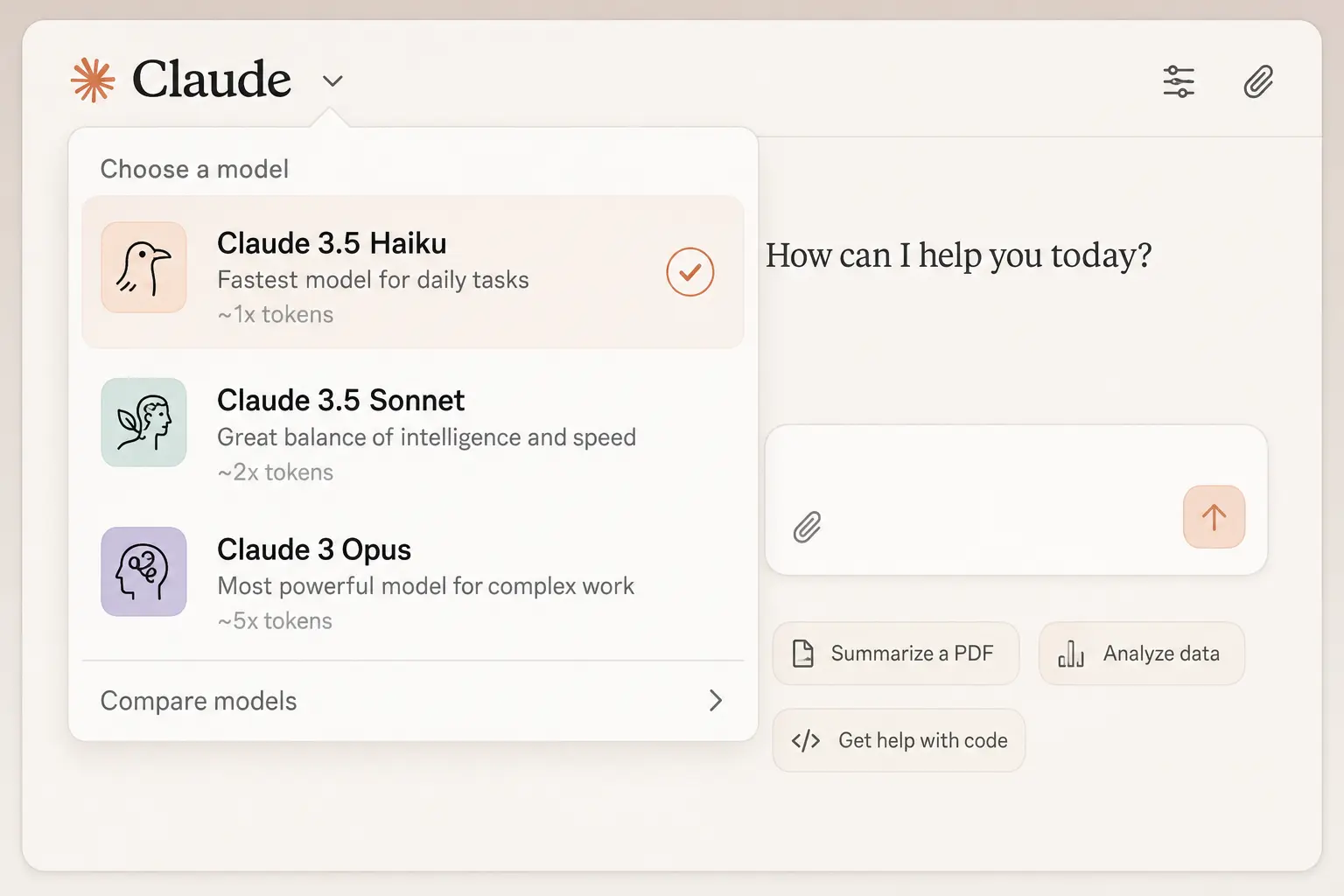 The Claude model picker showing Haiku, Sonnet, and Opus options for matching model size to task complexity